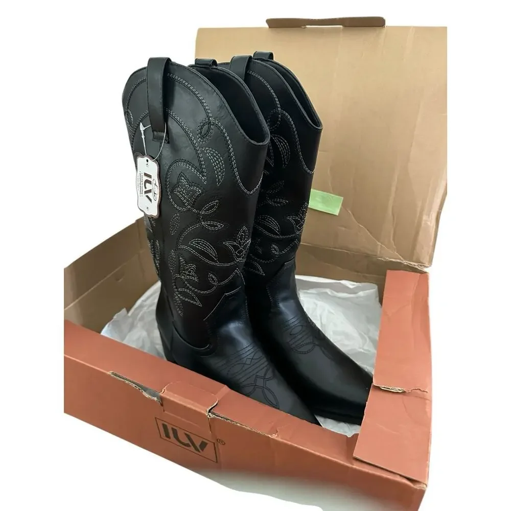 IUV Women’s Size 10 Black Leather Cowboy Cowgirl Boots Embroidered Pointy Toe